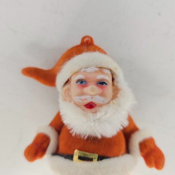 Vintage Flocked Blow Mold Santa Christmas Tree Ornament Rosy Cheeks MCM - Picture 2 of 7
